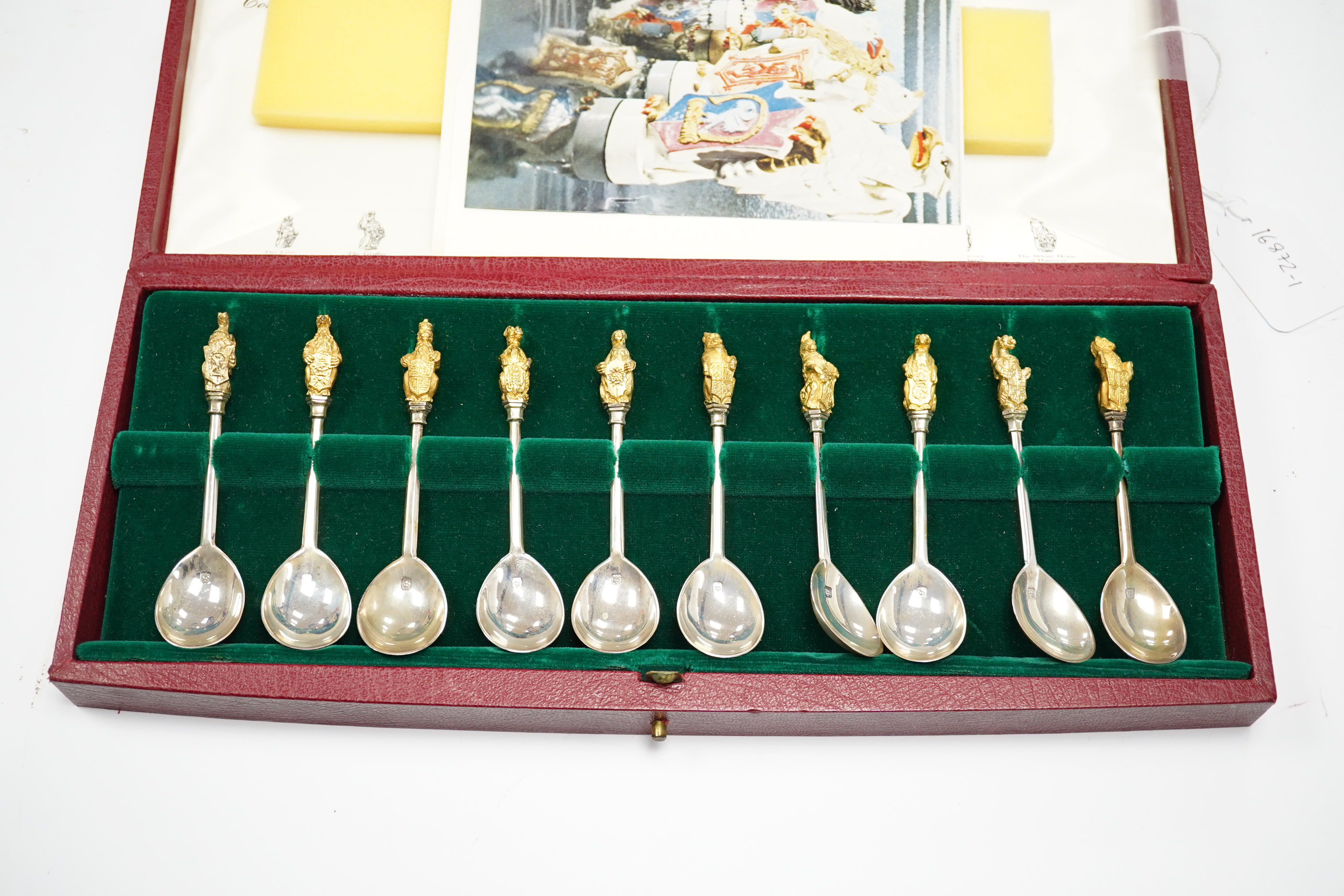 An Elizabeth II cased set of ten parcel gilt silver limited edition 'The Queens Beasts' commemorative spoons, by William Comyns & Sons Ltd, London, 1972, 11.8cm, 10.7oz. Condition - fair to good